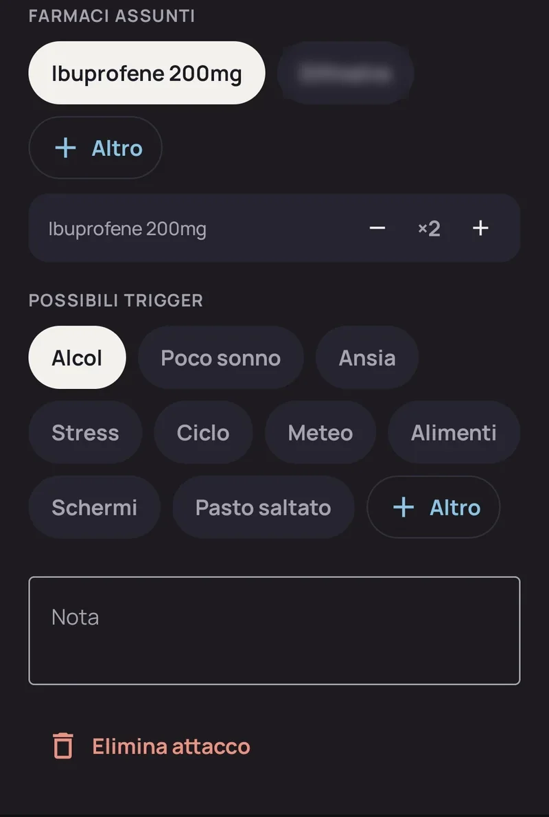 La scheda di un attacco: farmaci assunti con il numero di dosi, possibili trigger e il campo per la nota.