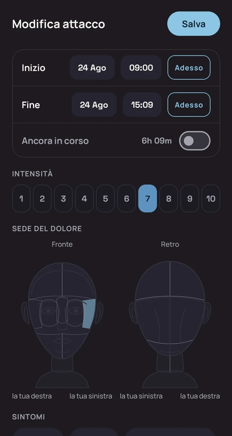 La scheda di un attacco con la scala di intensità e le due rappresentazioni del volto su cui toccare le aree colpite.